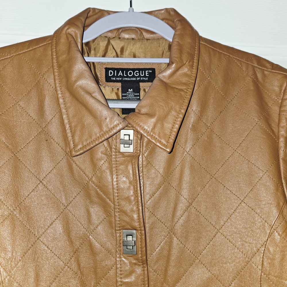 Dialogue Womens Tan Brown Quilted Leather Lined Jacket Turn Lock Closure Size M